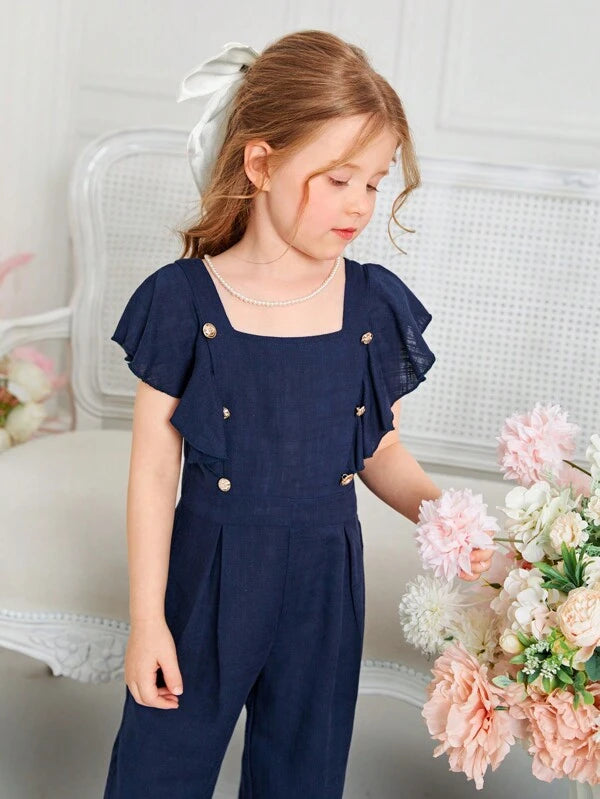 SHEIN Toddler Girls Butterfly Sleeve Button Detail Square Neck Ruffle Trim Jumpsuit