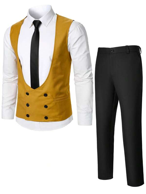 Men 1pc Double Breasted Waistcoat & 1pc Suit Pants Set