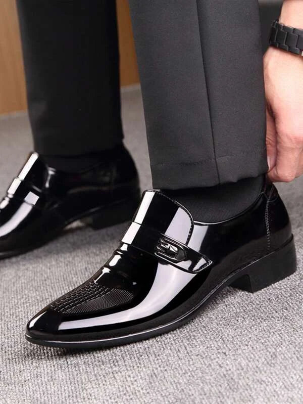 Men Metal Decor Dress Loafers, Artificial Leather Dress Shoes Black