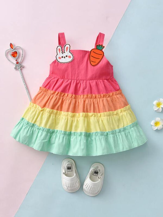 Baby Colorblock Rabbit & Carrot Patch Detail Frill Trim Dress