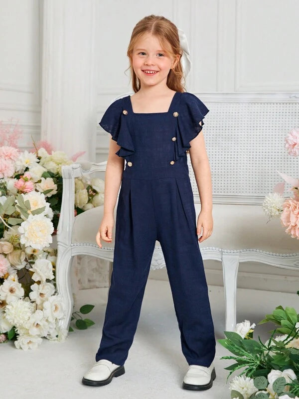 SHEIN Toddler Girls Butterfly Sleeve Button Detail Square Neck Ruffle Trim Jumpsuit