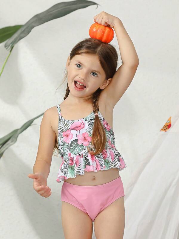 SHEIN Kids SUNSHNE Toddler Girls Tropical Print Ruffle Hem Bikini Swimsuit With Cover Up Pants