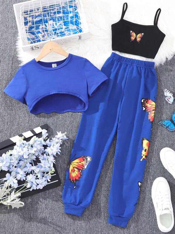 Girls Butterfly Print Cami Top & High Low Tee & Sweatpants