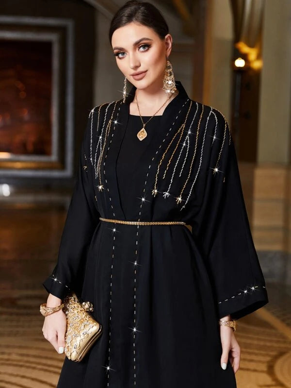 SHEIN Najma Rhinestone Detail Batwing Sleeve Belted Abaya & Dress