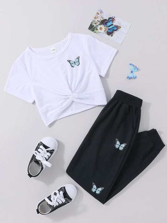 Girls Butterfly Print Twist Hem Tee & Sweatpants