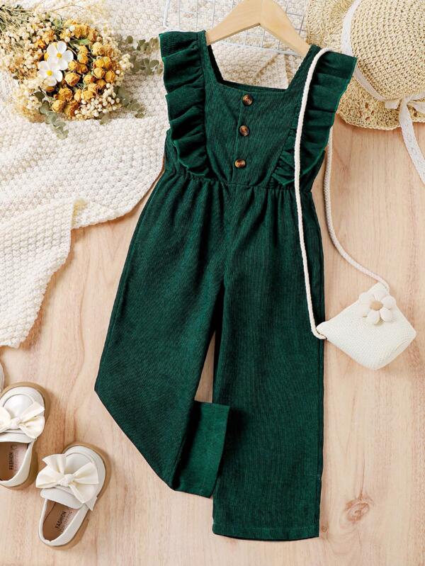 Young Girl Ruffle Trim Button Front Ruffle Trim Corduroy Jumpsuit