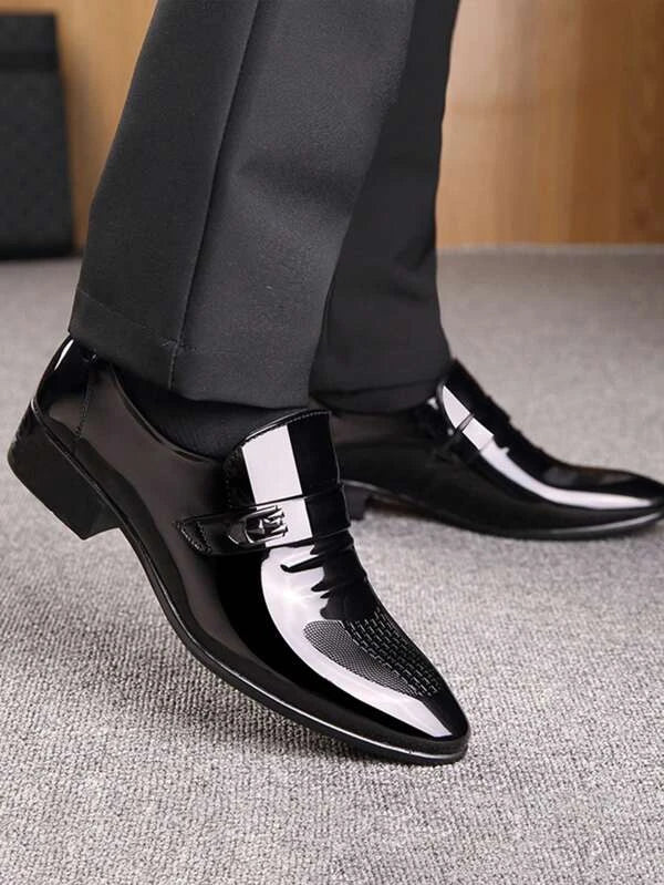 Men Metal Decor Dress Loafers, Artificial Leather Dress Shoes Black