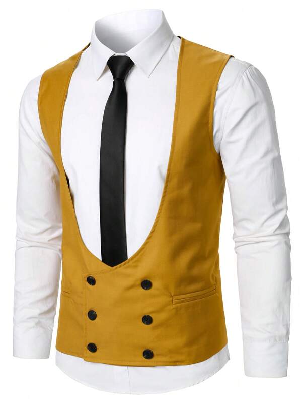 Men 1pc Double Breasted Waistcoat & 1pc Suit Pants Set