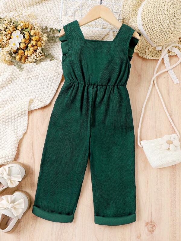 Young Girl Ruffle Trim Button Front Ruffle Trim Corduroy Jumpsuit