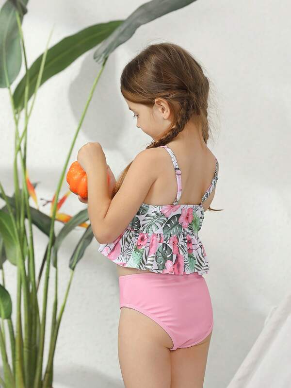 SHEIN Kids SUNSHNE Toddler Girls Tropical Print Ruffle Hem Bikini Swimsuit With Cover Up Pants