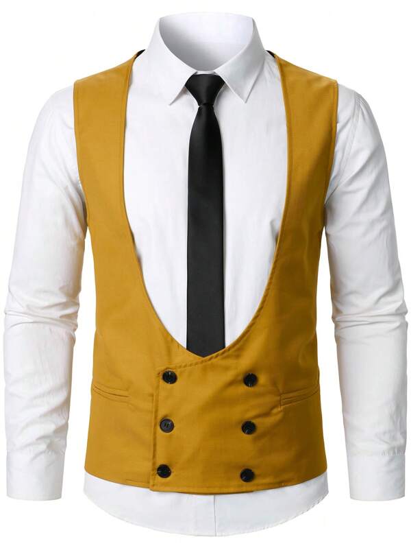 Men 1pc Double Breasted Waistcoat & 1pc Suit Pants Set