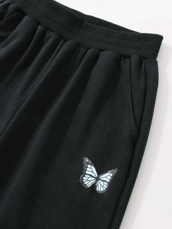 Girls Butterfly Print Twist Hem Tee & Sweatpants