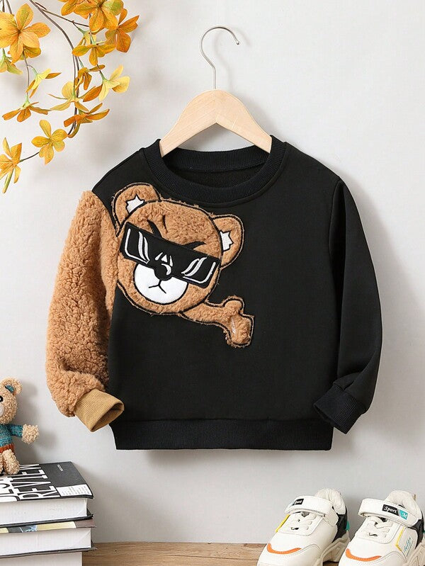 Young Boy Bear Embroidery Contrast Teddy Sweatshirt