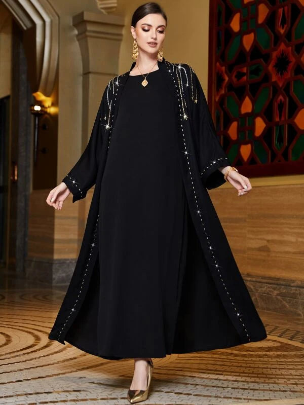 SHEIN Najma Rhinestone Detail Batwing Sleeve Belted Abaya & Dress