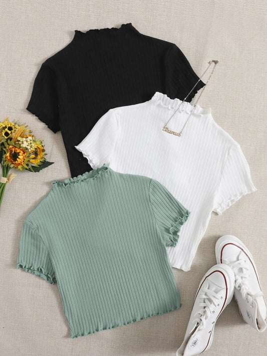 SHEIN Qutie 3pcs Solid Rib-knit Frill Tee