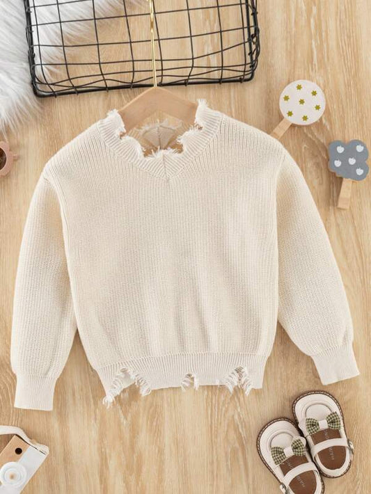 Young Girl Solid Drop Shoulder Distressed Sweater