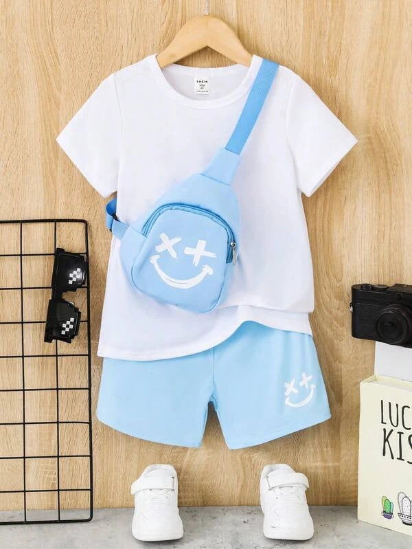 Toddler Boys Solid Tee & Cartoon Graphic Shorts & Accessory Bag