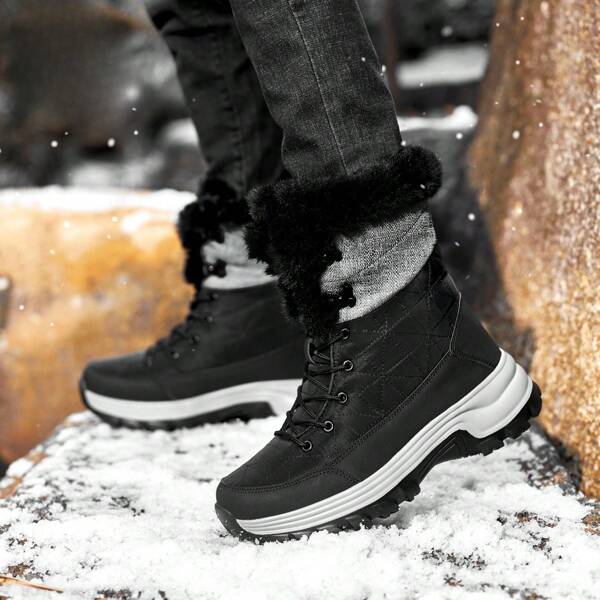 Men's Slip-resistant Fleece Lined And Thickened Rolled Up Cuff Flat Warm Boots For Fashionable Casual Outdoor Winter, Patchwork Waterproof Snow Boots