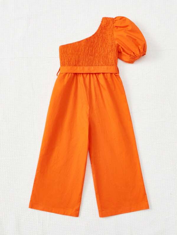 SHEIN Toddler Girls Neon Orange One Shoulder Puff Sleeve Belted Jumpsuit