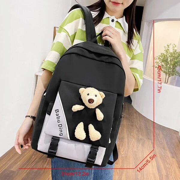 4Pcs College Style Cartoon Bear Decorated Backpack Set For Men, Suitable For Students To Go To School School Backpack Set Back To School With Lunch Bag With Pencil Bag