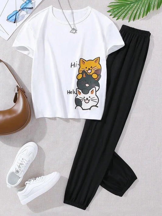 SHEIN Teen Girls Cartoon Graphic Tee & Pants