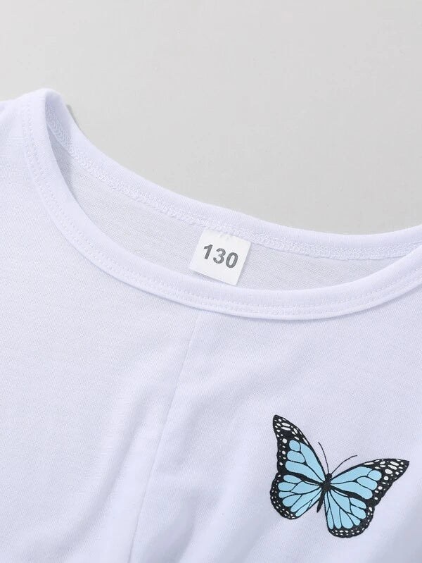 Girls Butterfly Print Twist Hem Tee & Sweatpants