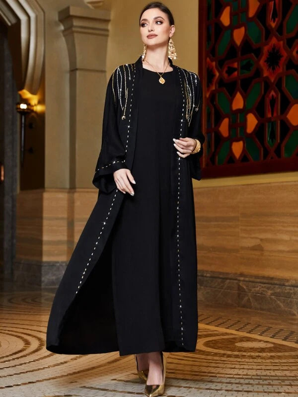 SHEIN Najma Rhinestone Detail Batwing Sleeve Belted Abaya & Dress