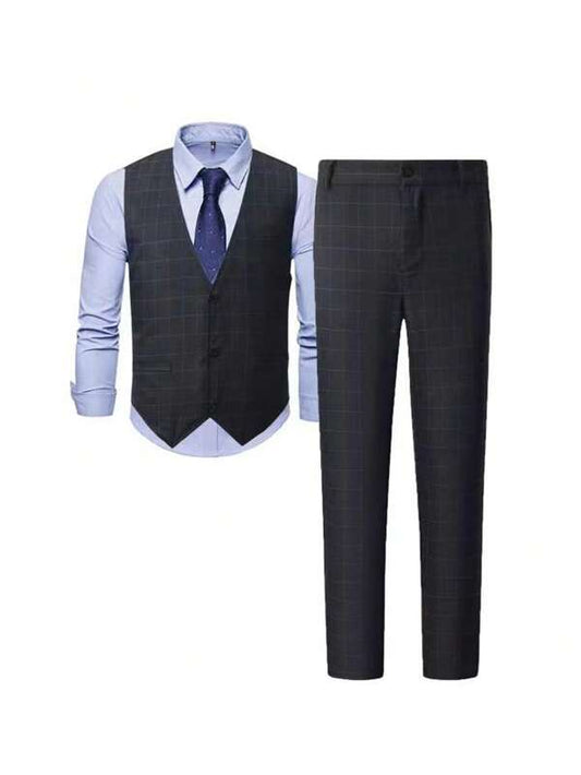 Men 1pc Plaid Waistcoat & 1pc Suit Pants