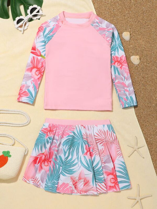 SHEIN Kids EVRYDAY Toddler Girls Random Tropical Print Raglan Sleeve Skorts Bikini Swimsuit