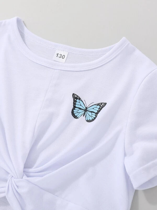 Girls Butterfly Print Twist Hem Tee & Sweatpants