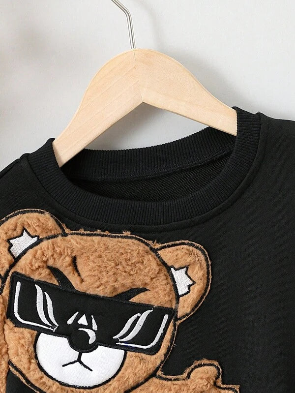 Young Boy Bear Embroidery Contrast Teddy Sweatshirt