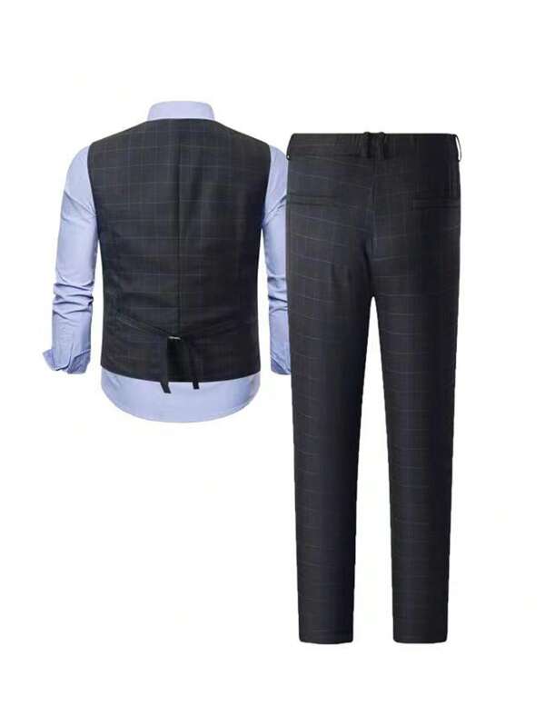 Men 1pc Plaid Waistcoat & 1pc Suit Pants