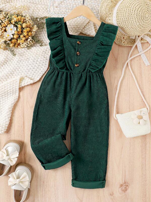 Young Girl Ruffle Trim Button Front Ruffle Trim Corduroy Jumpsuit