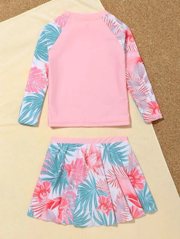 SHEIN Kids EVRYDAY Toddler Girls Random Tropical Print Raglan Sleeve Skorts Bikini Swimsuit