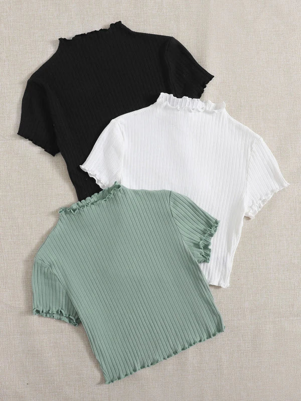 SHEIN Qutie 3pcs Solid Rib-knit Frill Tee