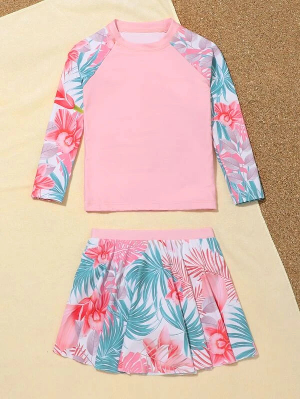 SHEIN Kids EVRYDAY Toddler Girls Random Tropical Print Raglan Sleeve Skorts Bikini Swimsuit