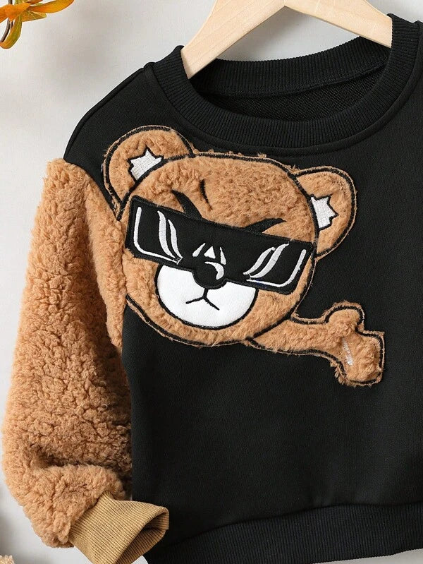 Young Boy Bear Embroidery Contrast Teddy Sweatshirt