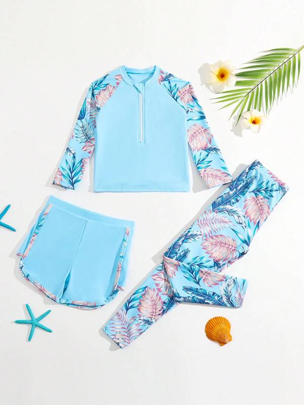 SHEIN Kids Nujoom Toddler Girls Tropical Print Raglan Sleeve Bikini Swimsuit & Swim Pants