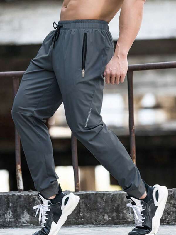 Running Men Drawstring Waist Zipper Pocket Sports Pants