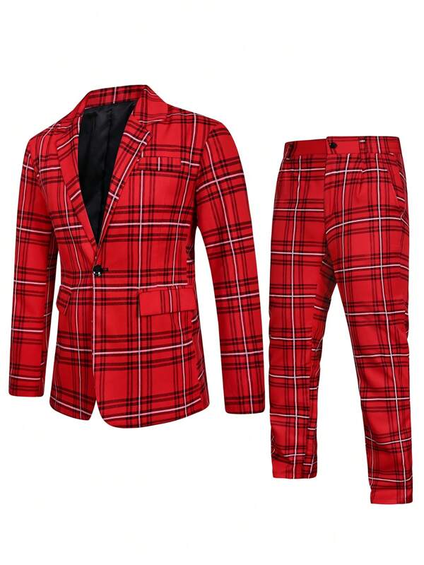 Men Tartan Single Button Blazer & Pants