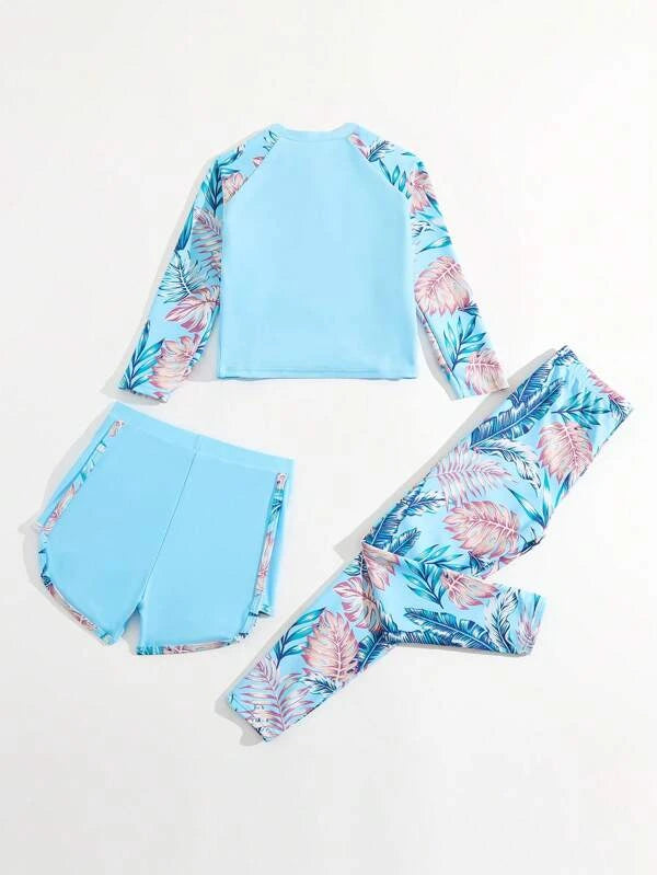 SHEIN Kids Nujoom Toddler Girls Tropical Print Raglan Sleeve Bikini Swimsuit & Swim Pants