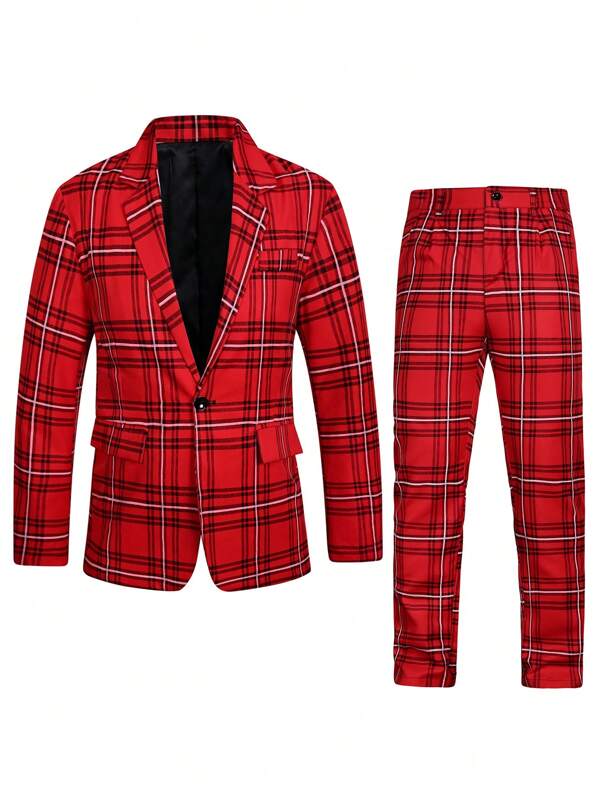 Men Tartan Single Button Blazer & Pants