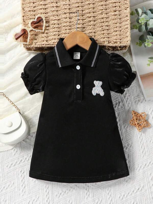 SHEIN Baby Bear Patched Polo Neck Puff Sleeve Dress