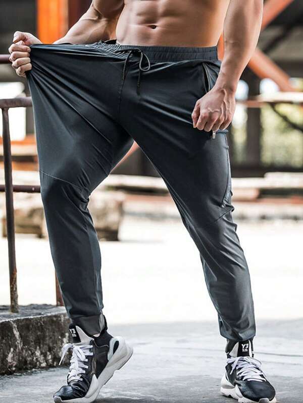 Running Men Drawstring Waist Zipper Pocket Sports Pants