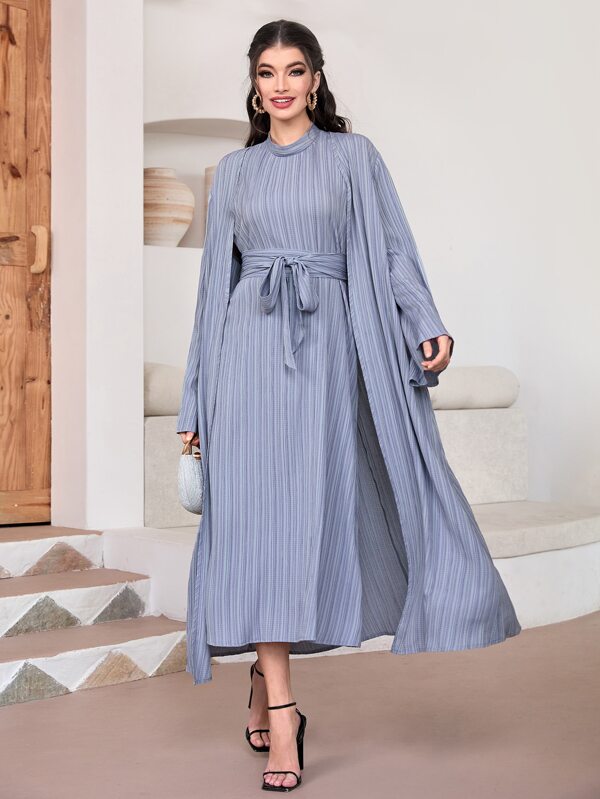 SHEIN Najma Striped Coat & Sleeveless Belted Dress