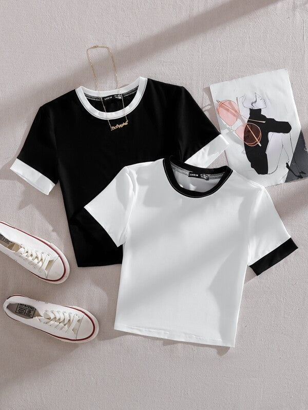 SHEIN EZwear 2pcs Solid Contrast Binding Tee