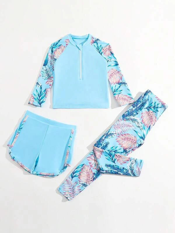 SHEIN Kids Nujoom Toddler Girls Tropical Print Raglan Sleeve Bikini Swimsuit & Swim Pants