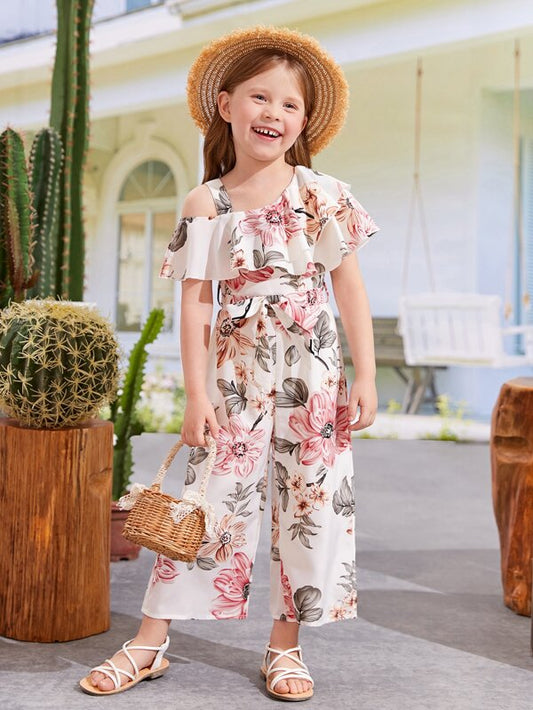 SHEIN Kids SUNSHNE Toddler Girls Floral Print Asymmetrical Neck Ruffle Trim Belted Jumpsuit