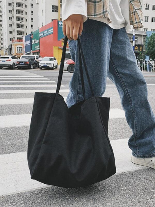 Reusable Big Canvas Handbag Shopping Tote Solid Color Shoulder Bag Large Capacity Bag