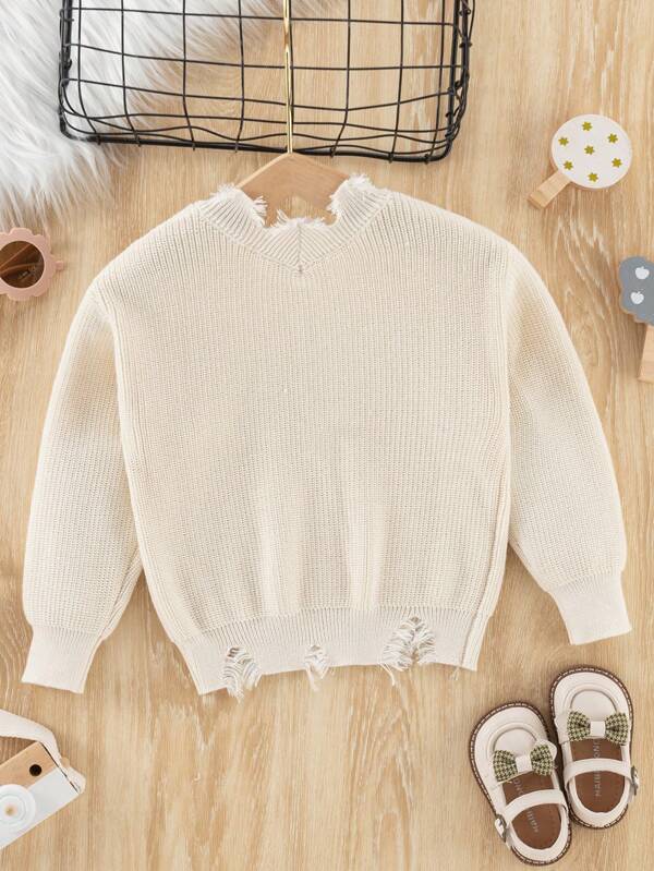 Young Girl Solid Drop Shoulder Distressed Sweater